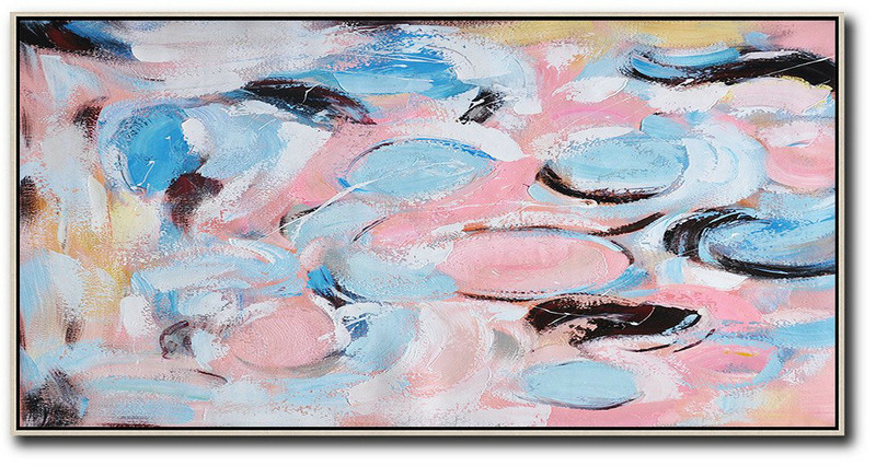 Extra Large 72" Acrylic Painting,Horizontal Palette Knife Contemporary Art,Canvas Artwork For Living Room,Pink,Blue,Black,Yellow.etc